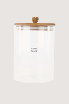 Glazen voorraadpot met deksel 'Happy place' M