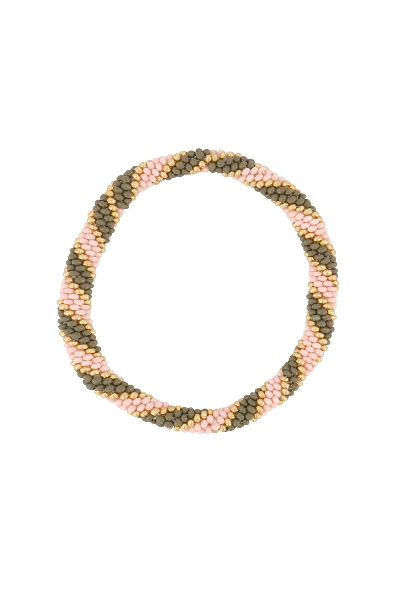 Armband met elastiek - lichtroze en khakigroene kraaltjes