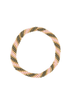 Armband met elastiek - lichtroze en khakigroene kraaltjes