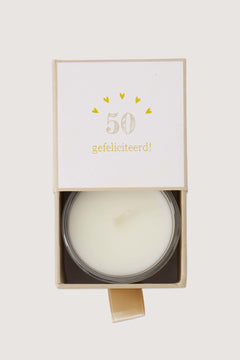 Geurkaarsje glas in doosje '50 gefeliciteerd'
