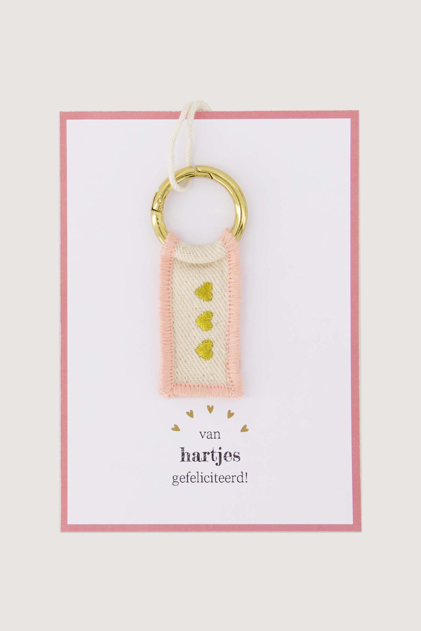 Sleutelhanger met wenskaart 'van hartjes gefeliciteerd'