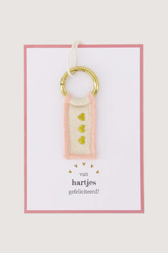 Sleutelhanger met wenskaart 'van hartjes gefeliciteerd'