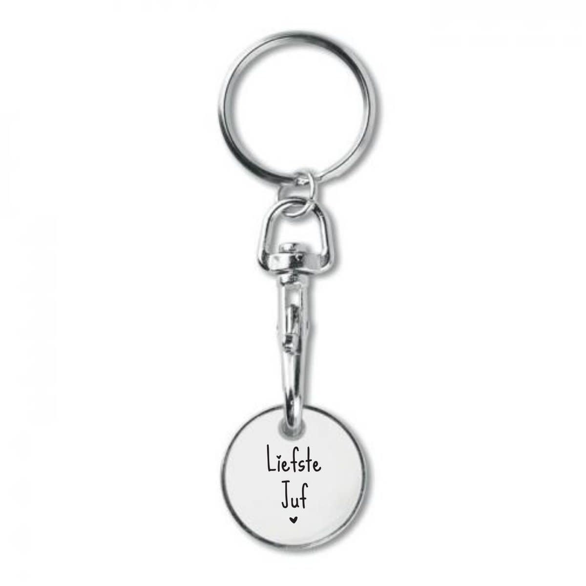 Sleutelhanger met winkelwagenmuntje 'Liefste Juf' - wit