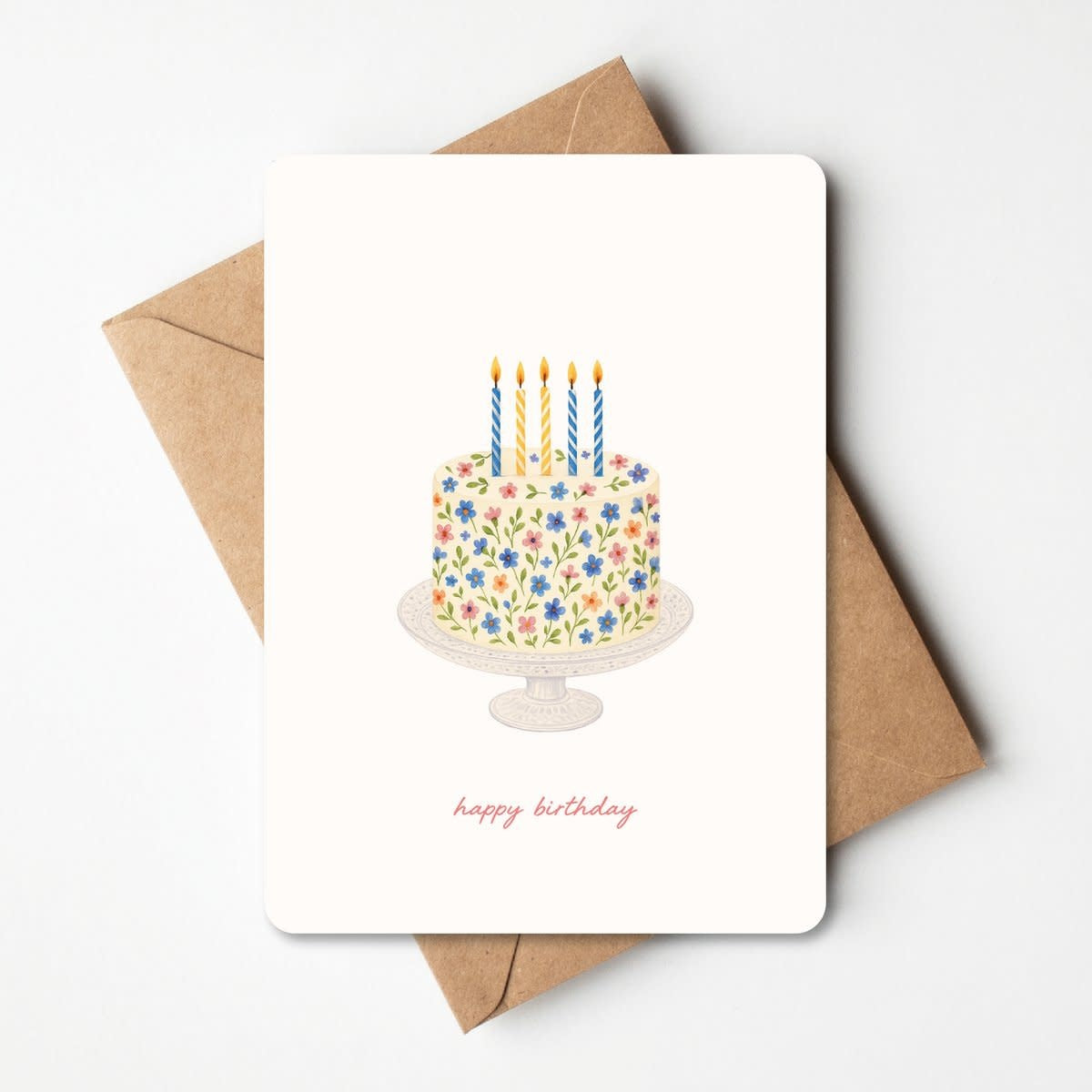 Wenskaart Happy Birthday - bebloemde taart met kaarsjes