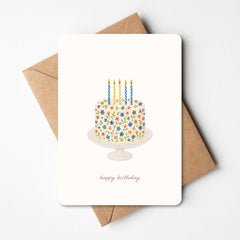 Wenskaart Happy Birthday - bebloemde taart met kaarsjes
