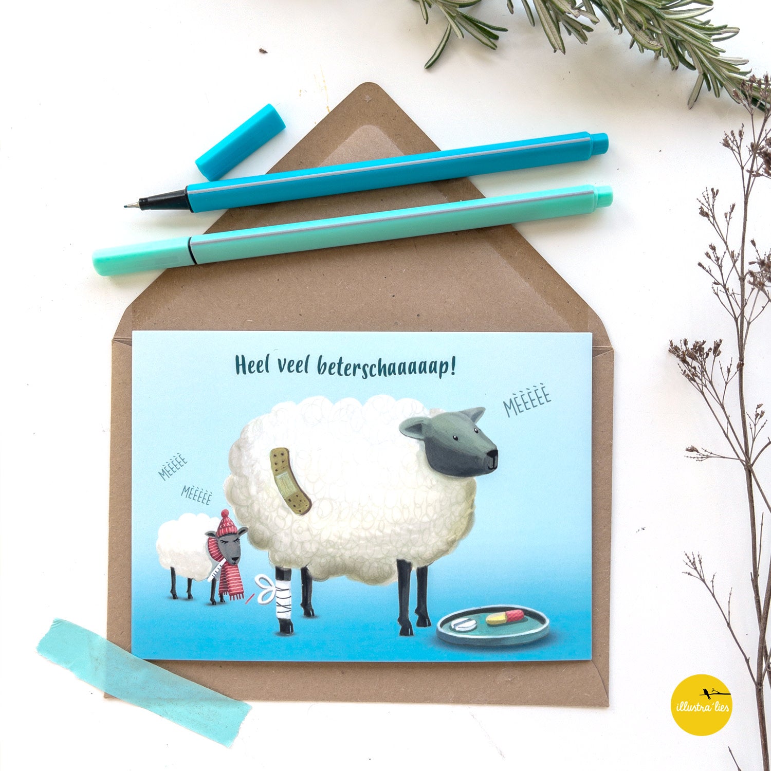 Wenskaart illustra'lies 'Heel veel beterschaaaap'