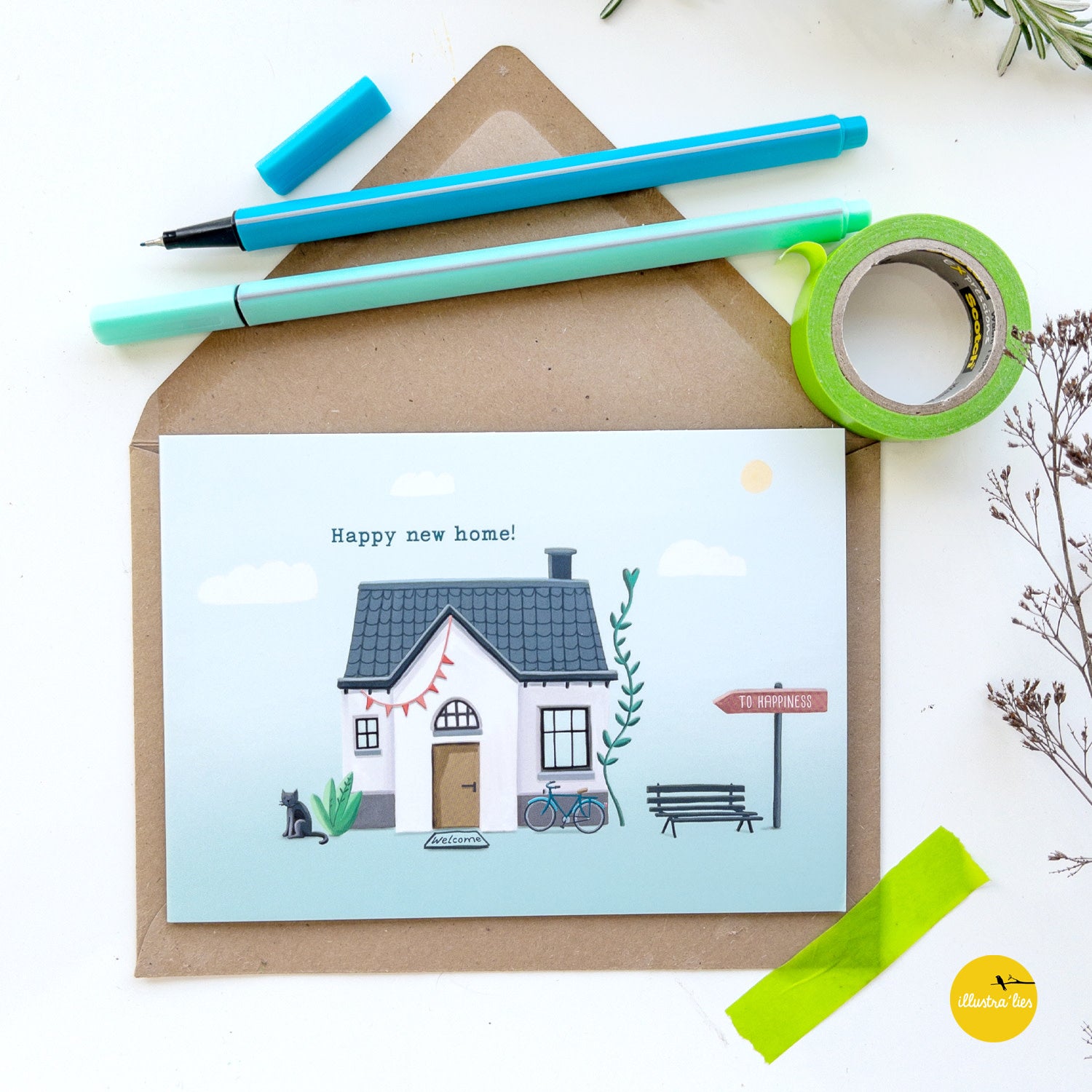 Wenskaart illustra'lies 'Happy new home'
