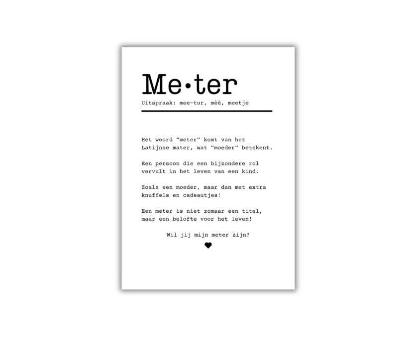 Kaartje over 'meter-zijn' met opdruk 'Wil jij mijn meter zijn?'