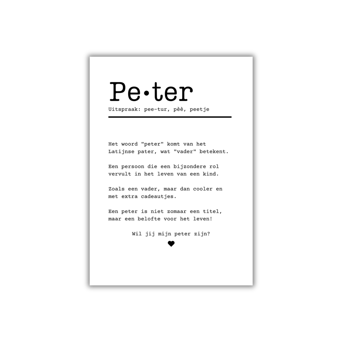Kaartje over 'peter-zijn' met opdruk 'Wil jij mijn peter zijn?'