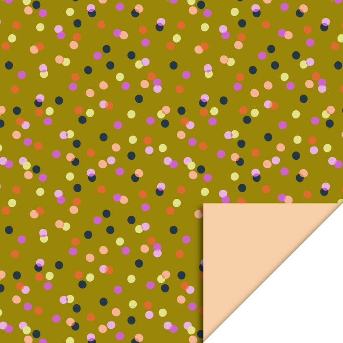 Inpakpapier Party Confetti Olive / Peach/ dubbelzijdig - 70 cm x 3m