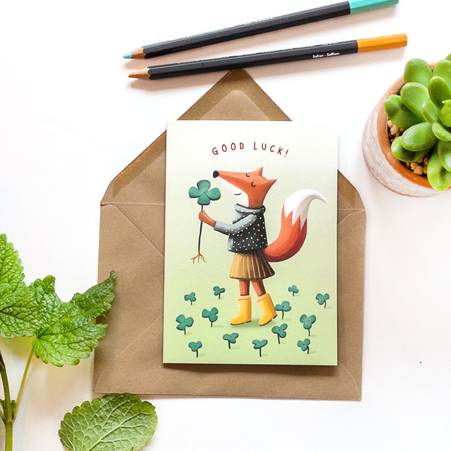 Wenskaart illustra'lies 'Good luck'