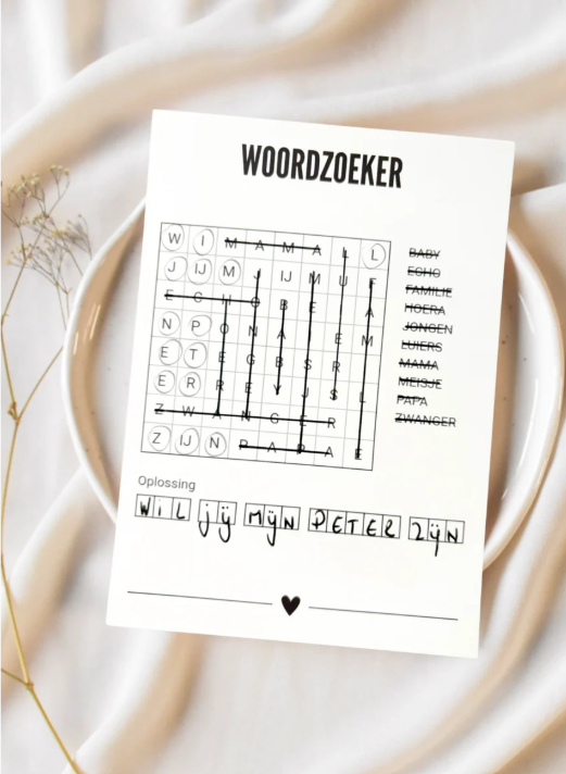 Kaart met woordzoeker 'Wil jij mijn peter zijn?'