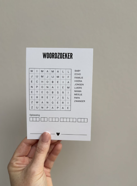 Kaart met woordzoeker 'Wil jij mijn peter zijn?'